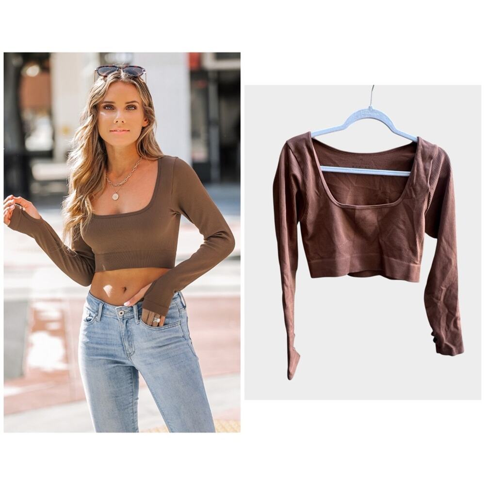 NEW Cupshe Coco Ribbed Long Sleeve Crop Top, XL